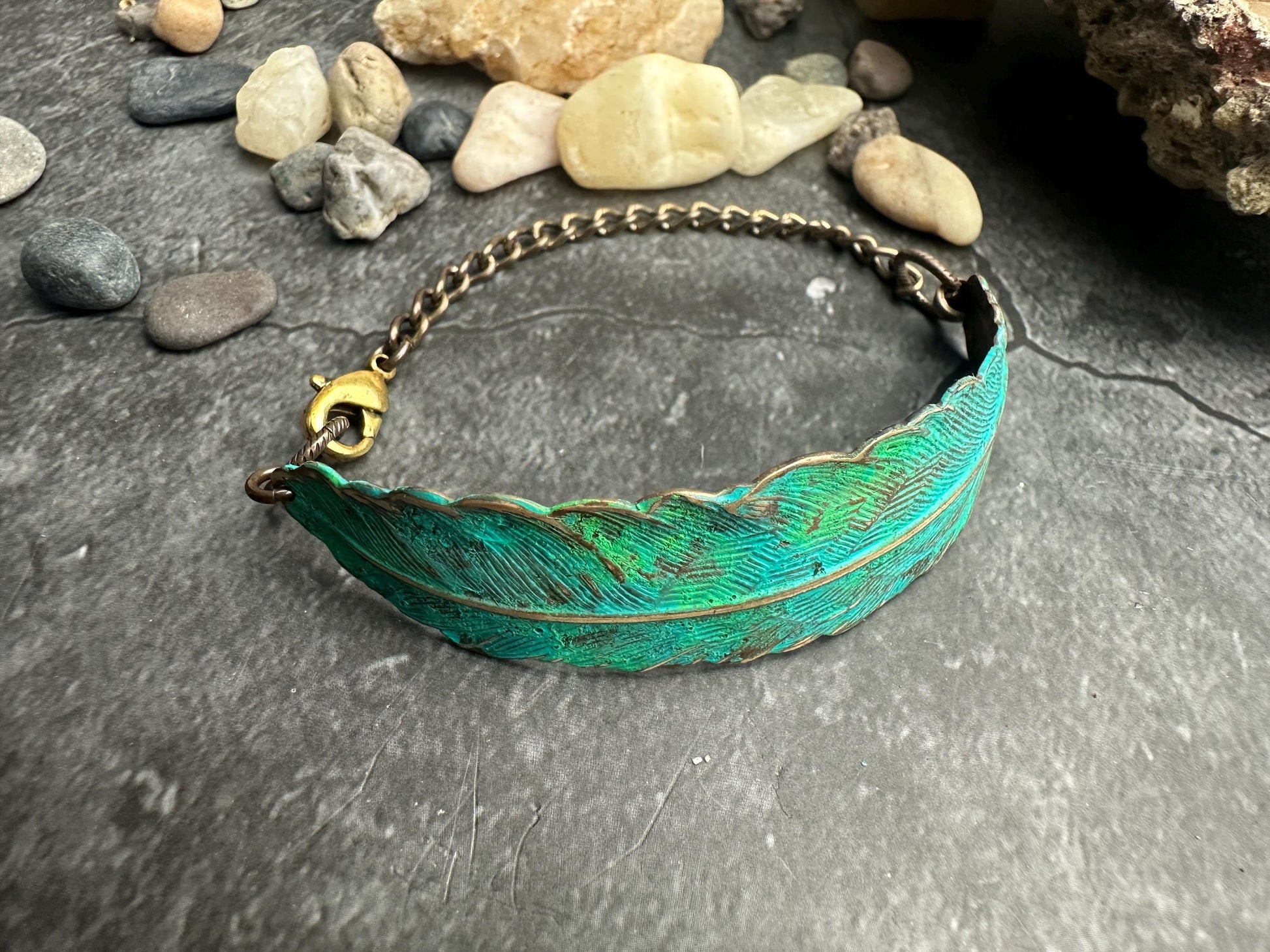 Green Feather Bracelet - Handmade Solid Brass & Hand Patina