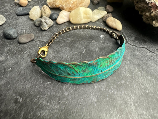 Green Feather Bracelet - Handmade Solid Brass & Hand Patina
