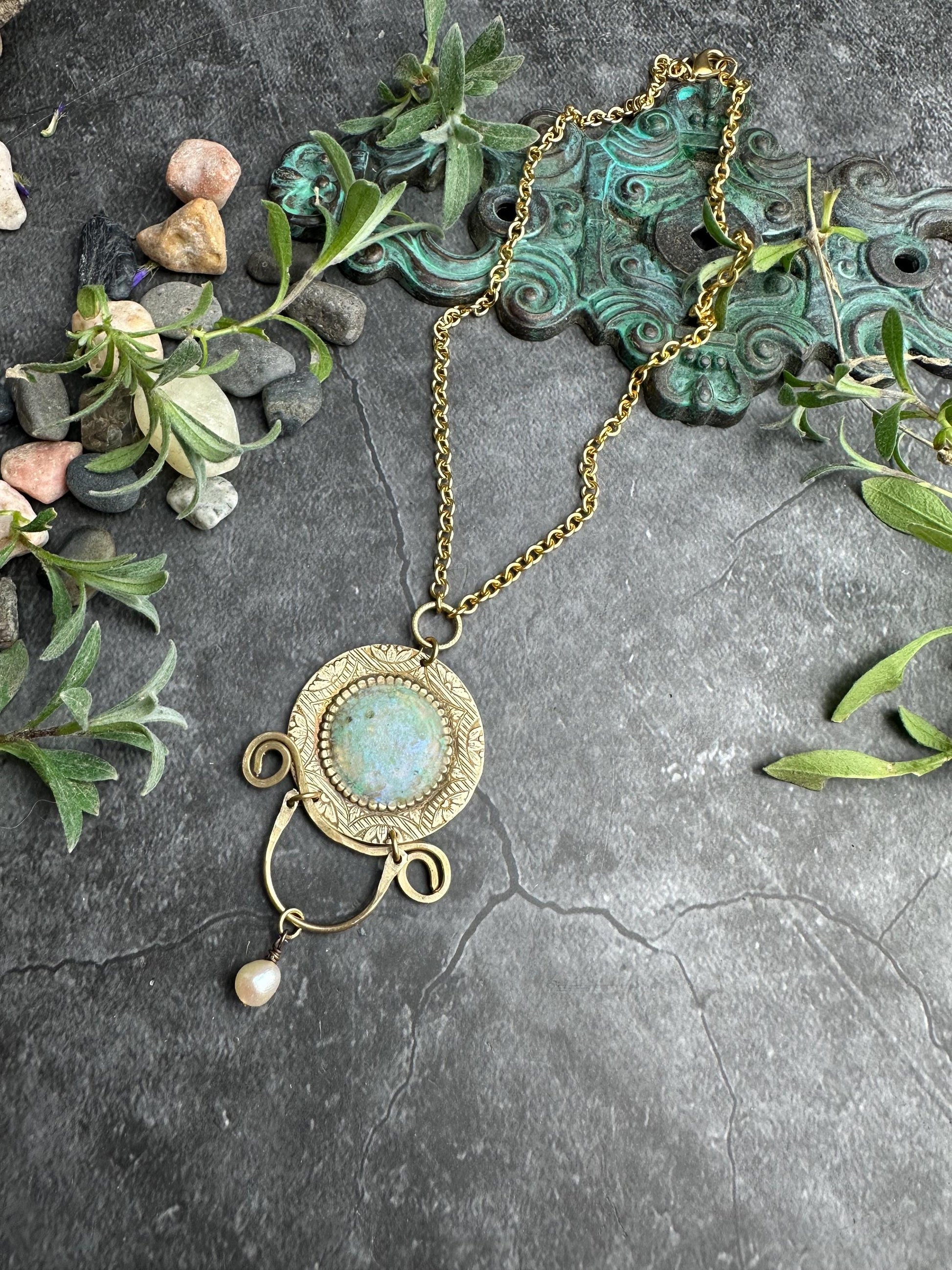 Ancient Inspired Brass Medallion Necklace with Pearl, Faux Roman Glass Pendant