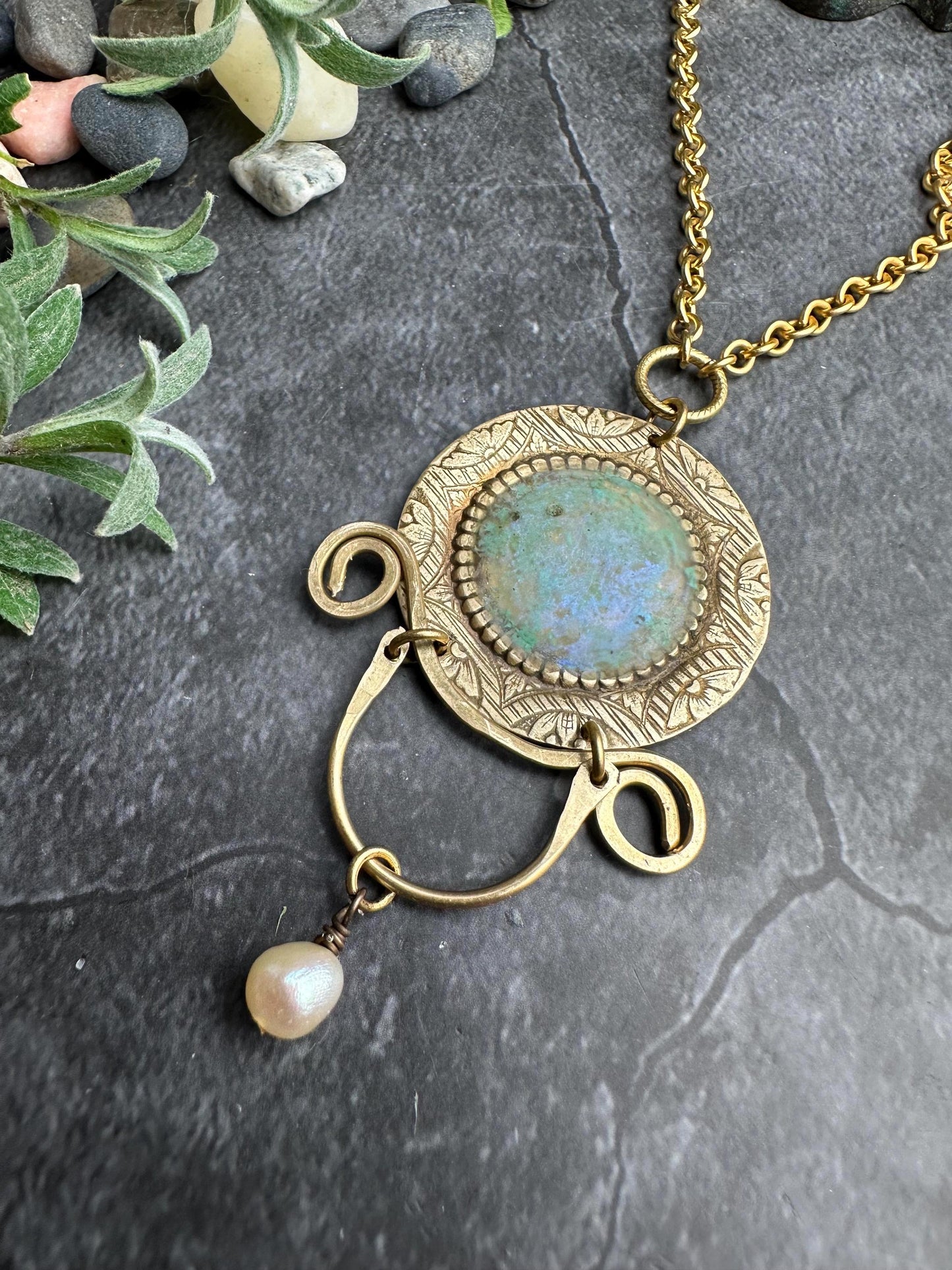 Ancient Inspired Brass Medallion Necklace with Pearl, Faux Roman Glass Pendant