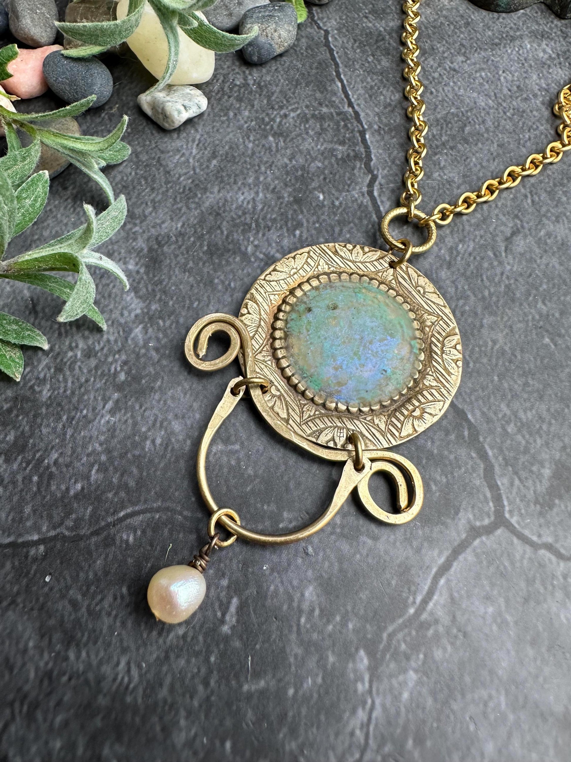 Ancient Inspired Brass Medallion Necklace with Pearl, Faux Roman Glass Pendant