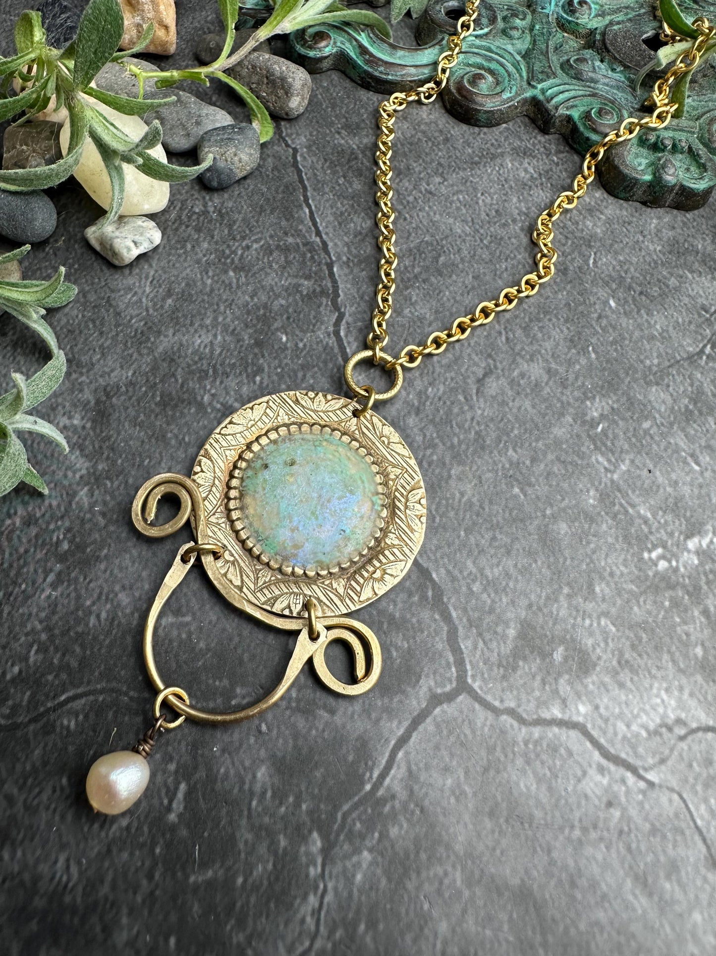 Ancient Inspired Brass Medallion Necklace with Pearl, Faux Roman Glass Pendant