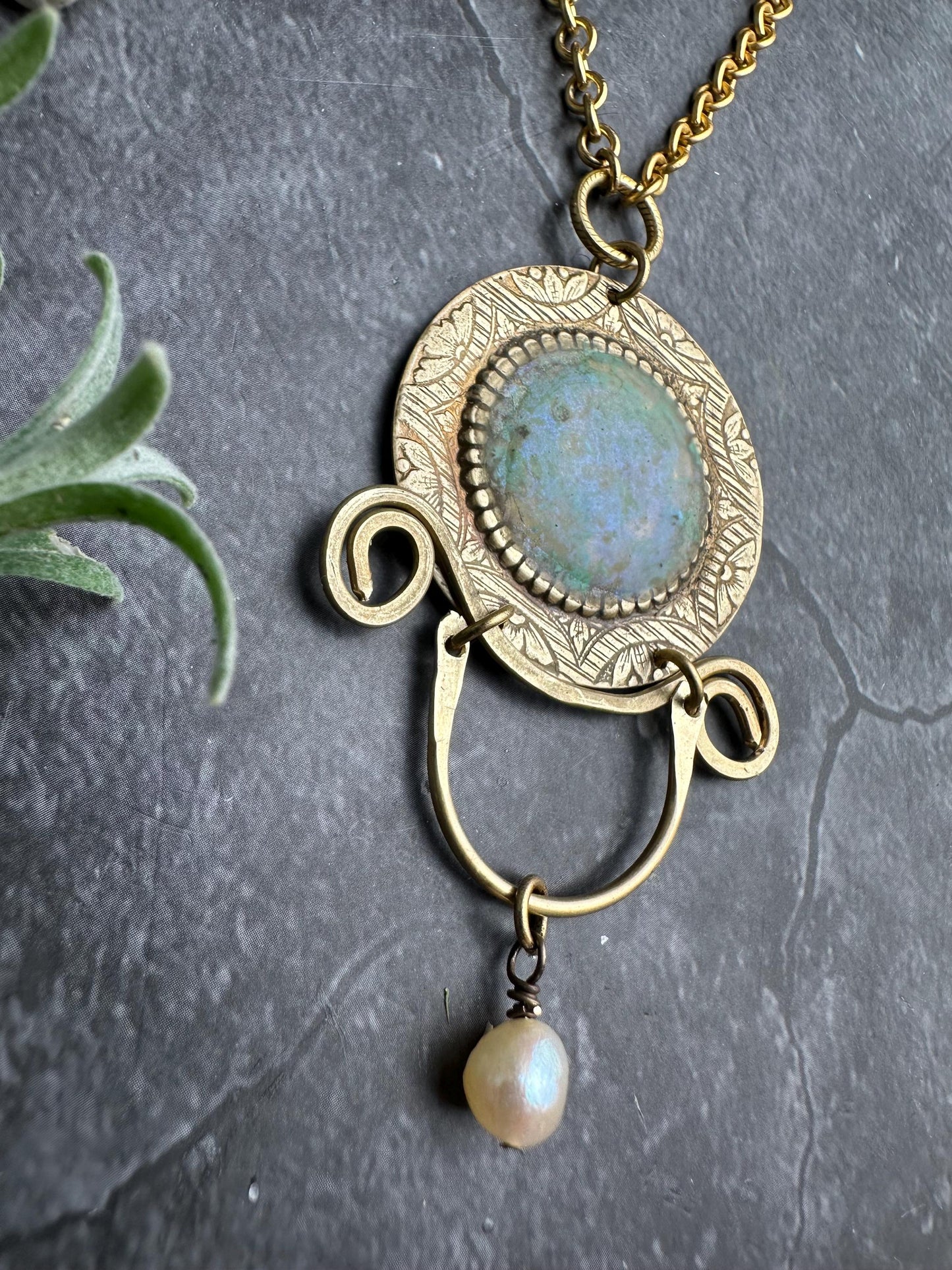 Ancient Inspired Brass Medallion Necklace with Pearl, Faux Roman Glass Pendant
