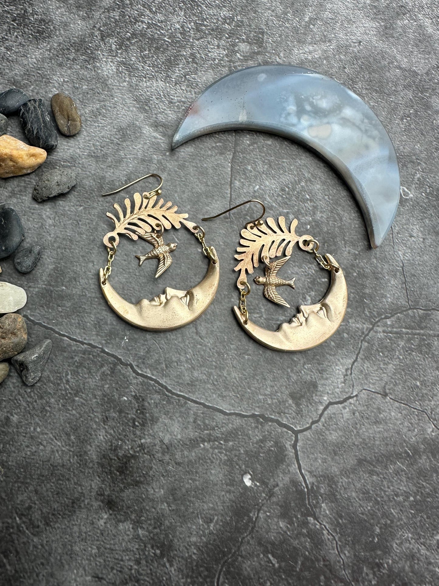 Luna Messenger Earrings, Crescent Moon Face with Bird, Brass Art Nouveau Dangle
