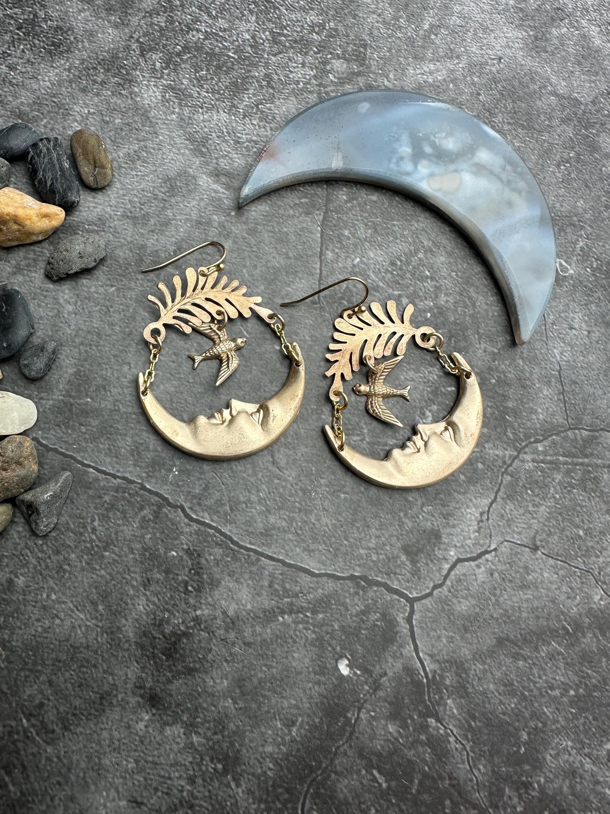 Luna Messenger Earrings, Crescent Moon Face with Bird, Brass Art Nouveau Dangle