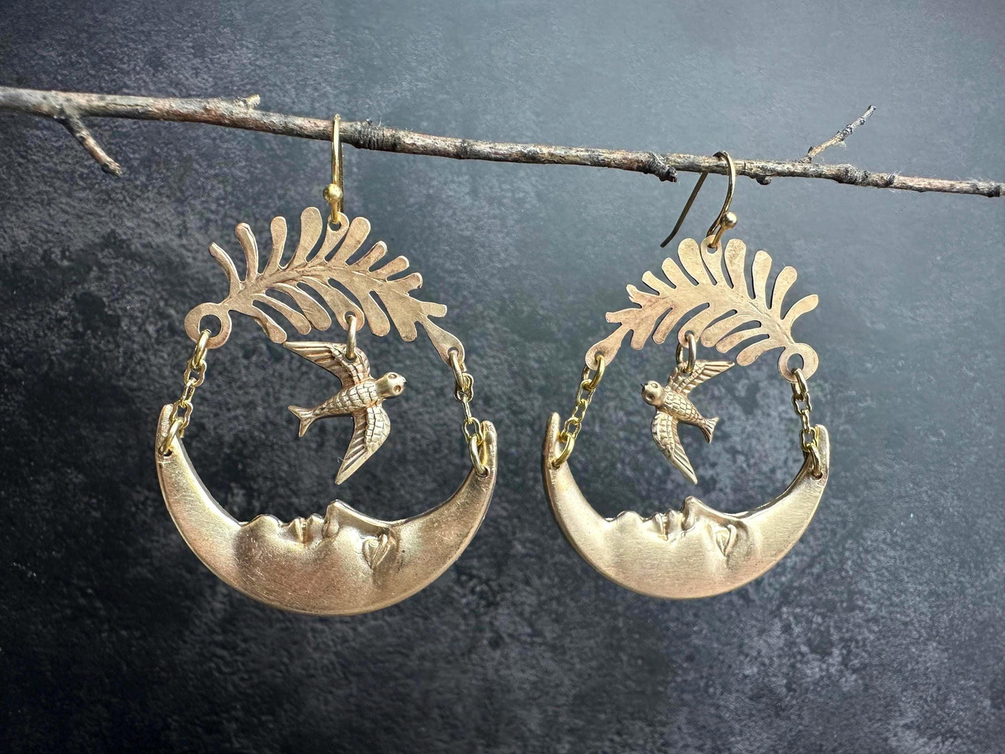 Luna Messenger Earrings, Crescent Moon Face with Bird, Brass Art Nouveau Dangle
