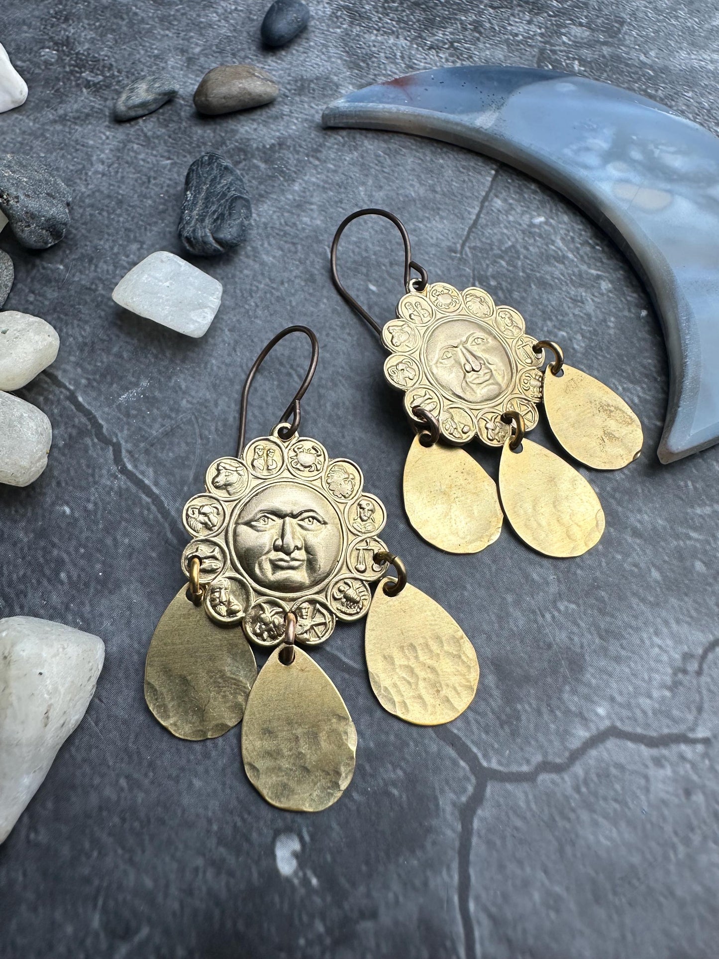 Sun Face Coin Earrings, Brass Celestial Dangle, Vintage Statement Jewelry