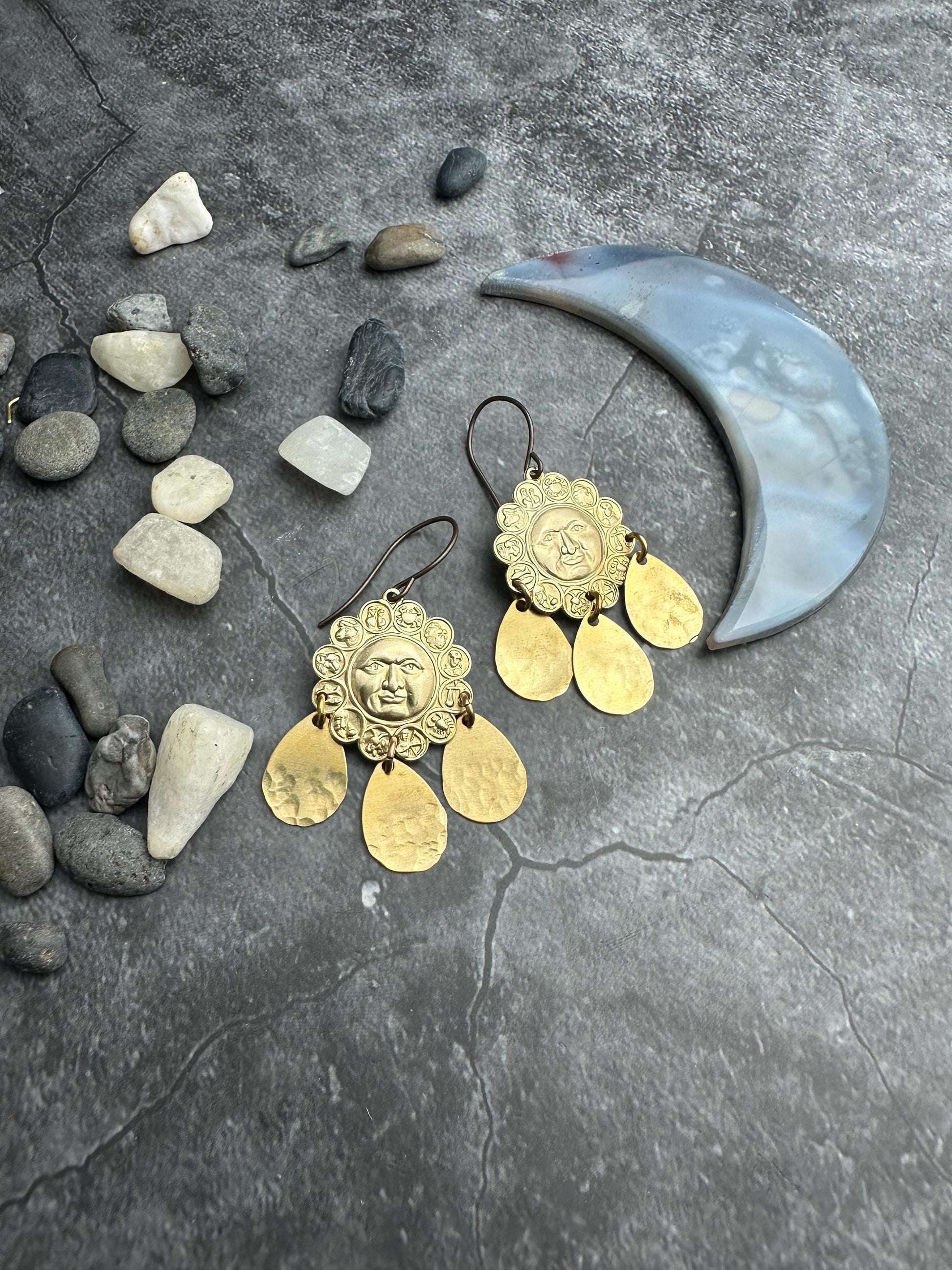 Sun Face Coin Earrings, Brass Celestial Dangle, Vintage Statement Jewelry