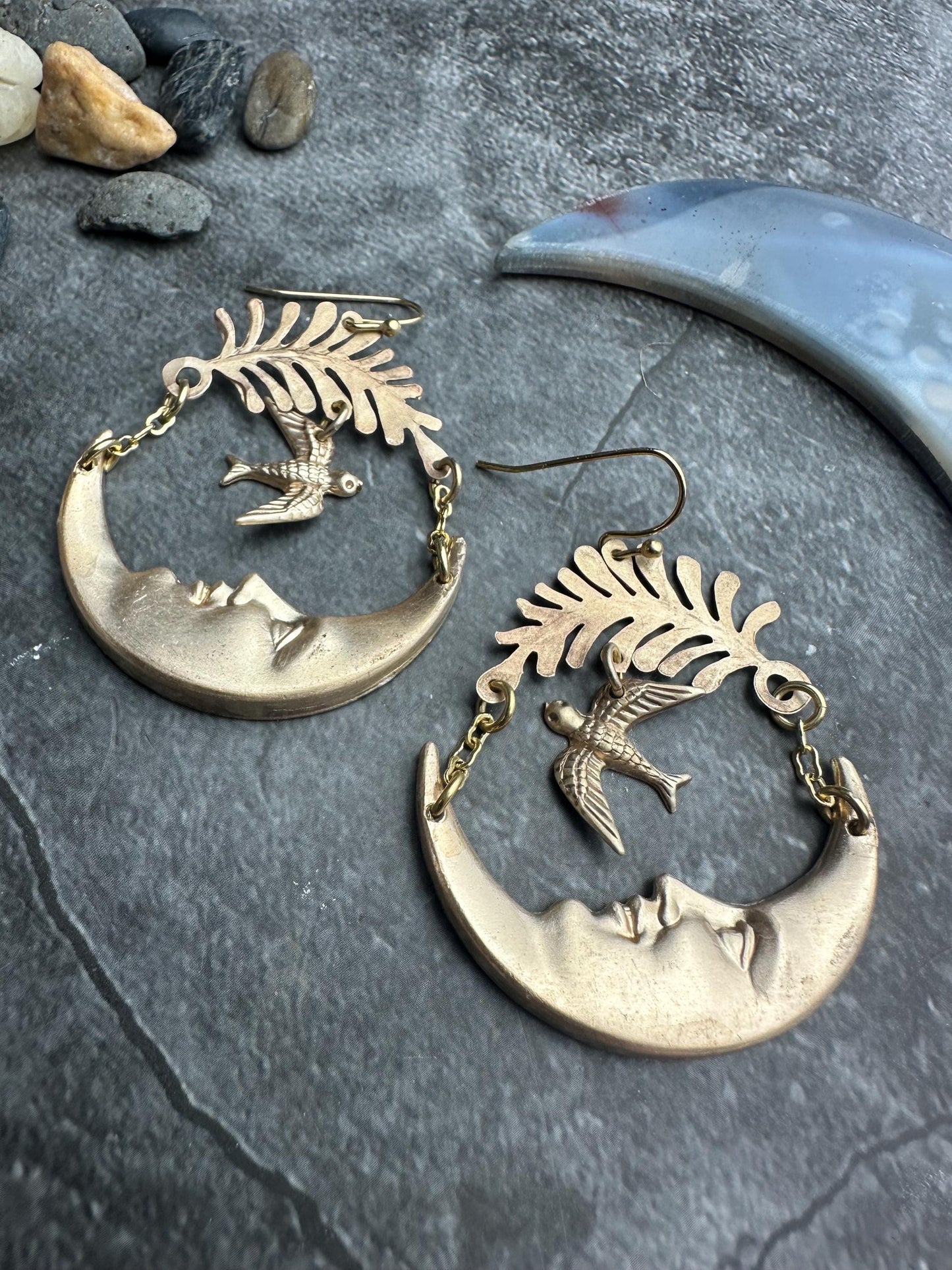Luna Messenger Earrings, Crescent Moon Face with Bird, Brass Art Nouveau Dangle
