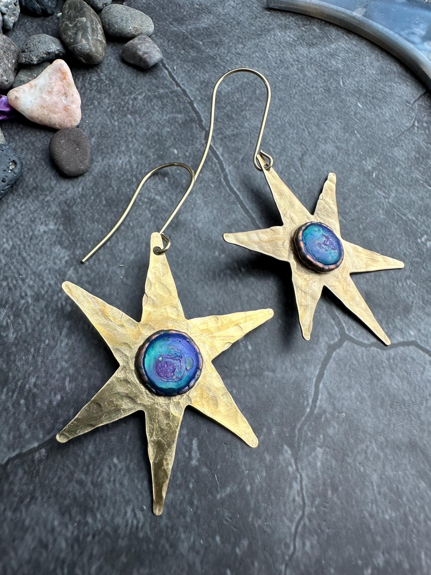 Celestial Star Earrings, Hammered Brass Dangle, Modern Cosmic Iridescent Resin Jewelry