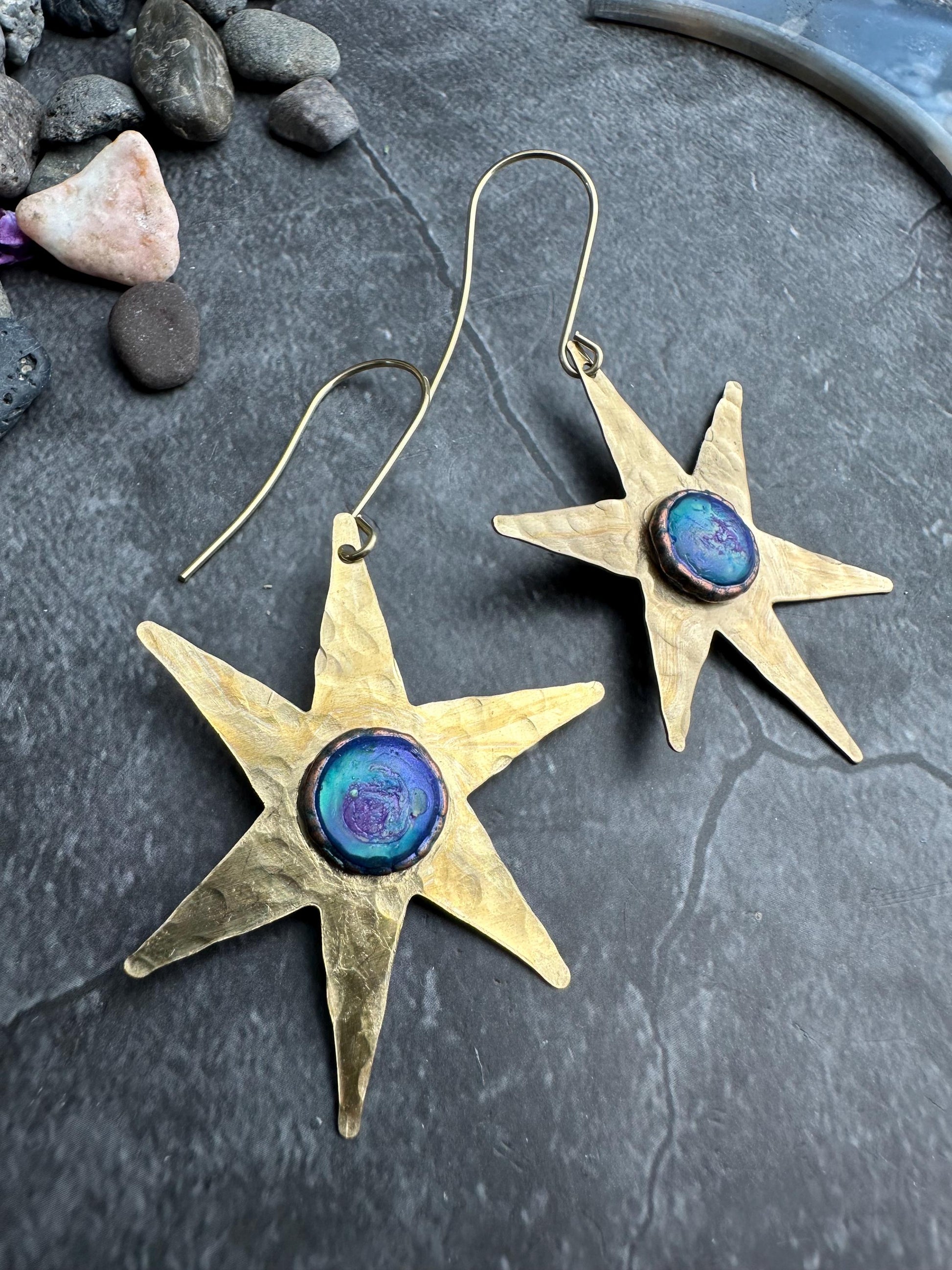 Celestial Star Earrings, Hammered Brass Dangle, Modern Cosmic Iridescent Resin Jewelry
