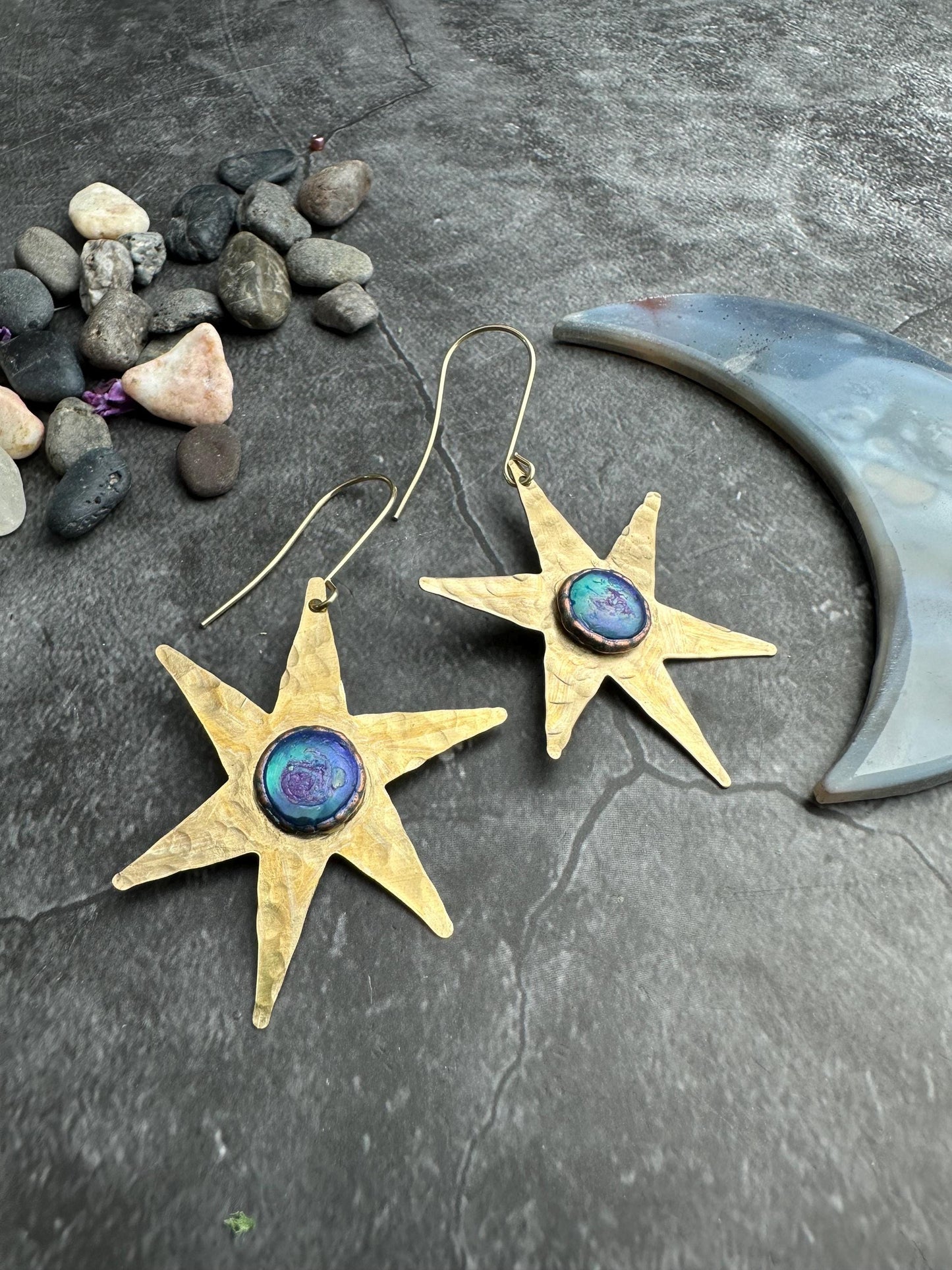 Celestial Star Earrings, Hammered Brass Dangle, Modern Cosmic Iridescent Resin Jewelry
