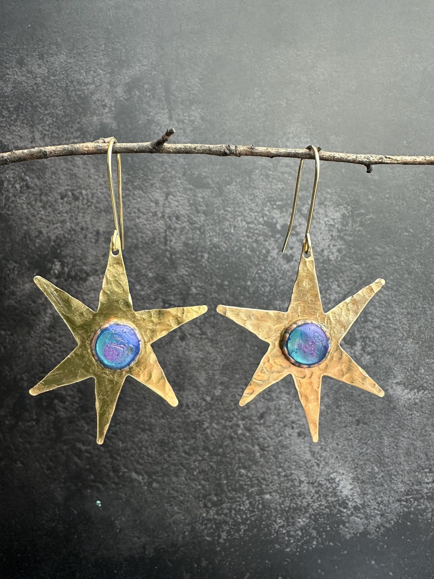 Celestial Star Earrings, Hammered Brass Dangle, Modern Cosmic Iridescent Resin Jewelry