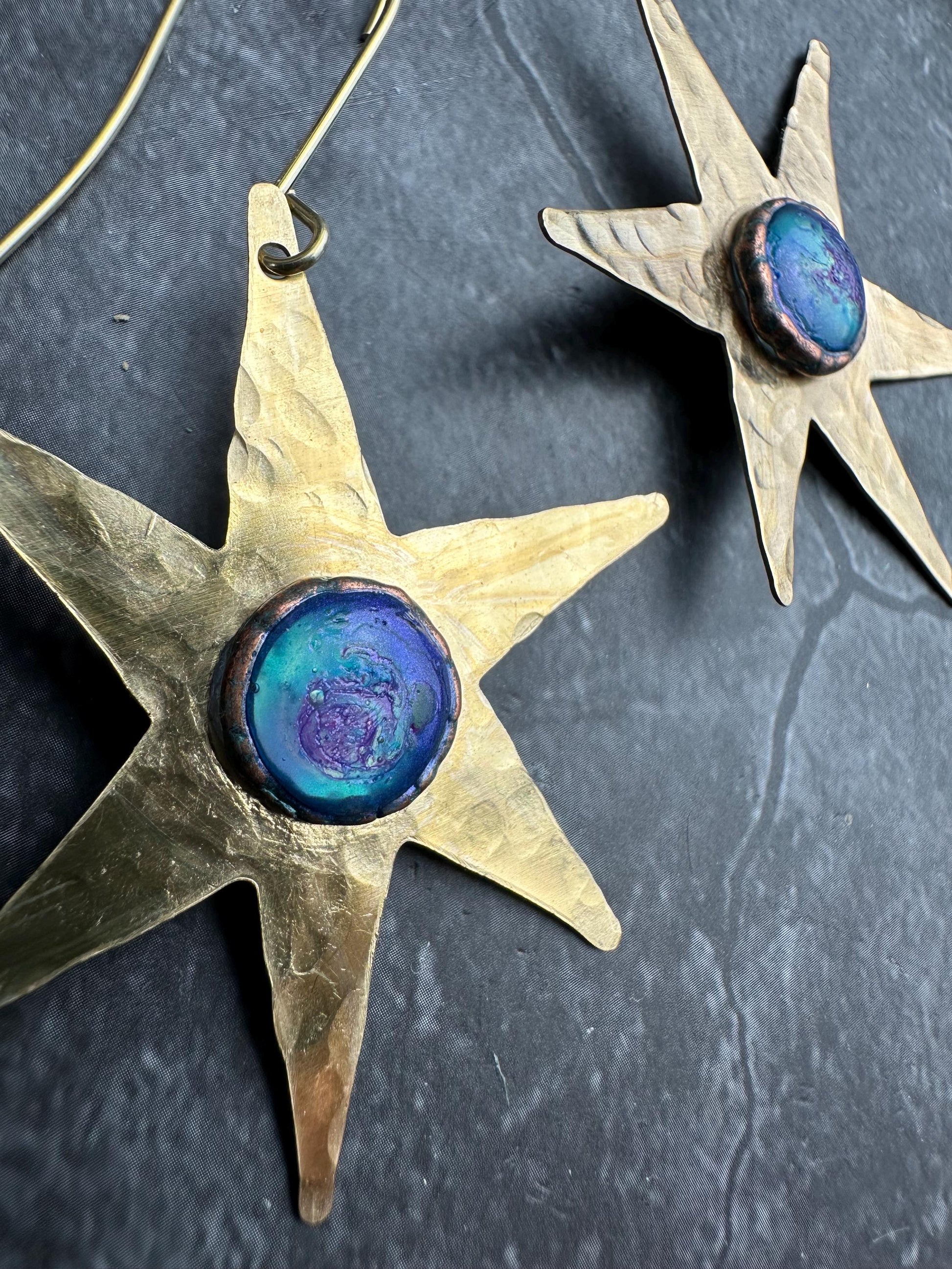 Celestial Star Earrings, Hammered Brass Dangle, Modern Cosmic Iridescent Resin Jewelry