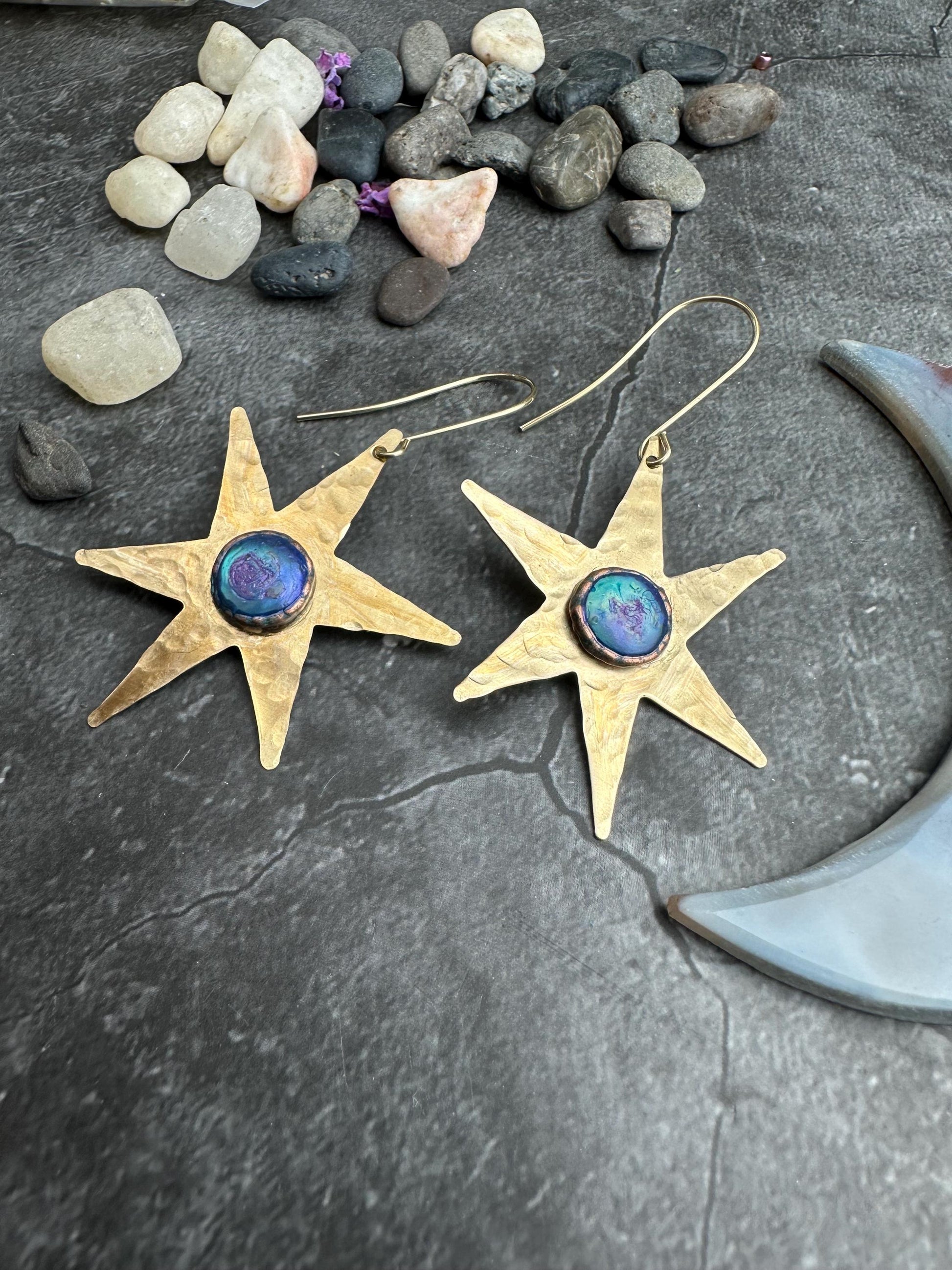 Celestial Star Earrings, Hammered Brass Dangle, Modern Cosmic Iridescent Resin Jewelry