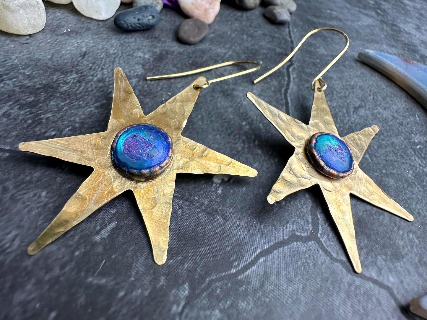 Celestial Star Earrings, Hammered Brass Dangle, Modern Cosmic Iridescent Resin Jewelry