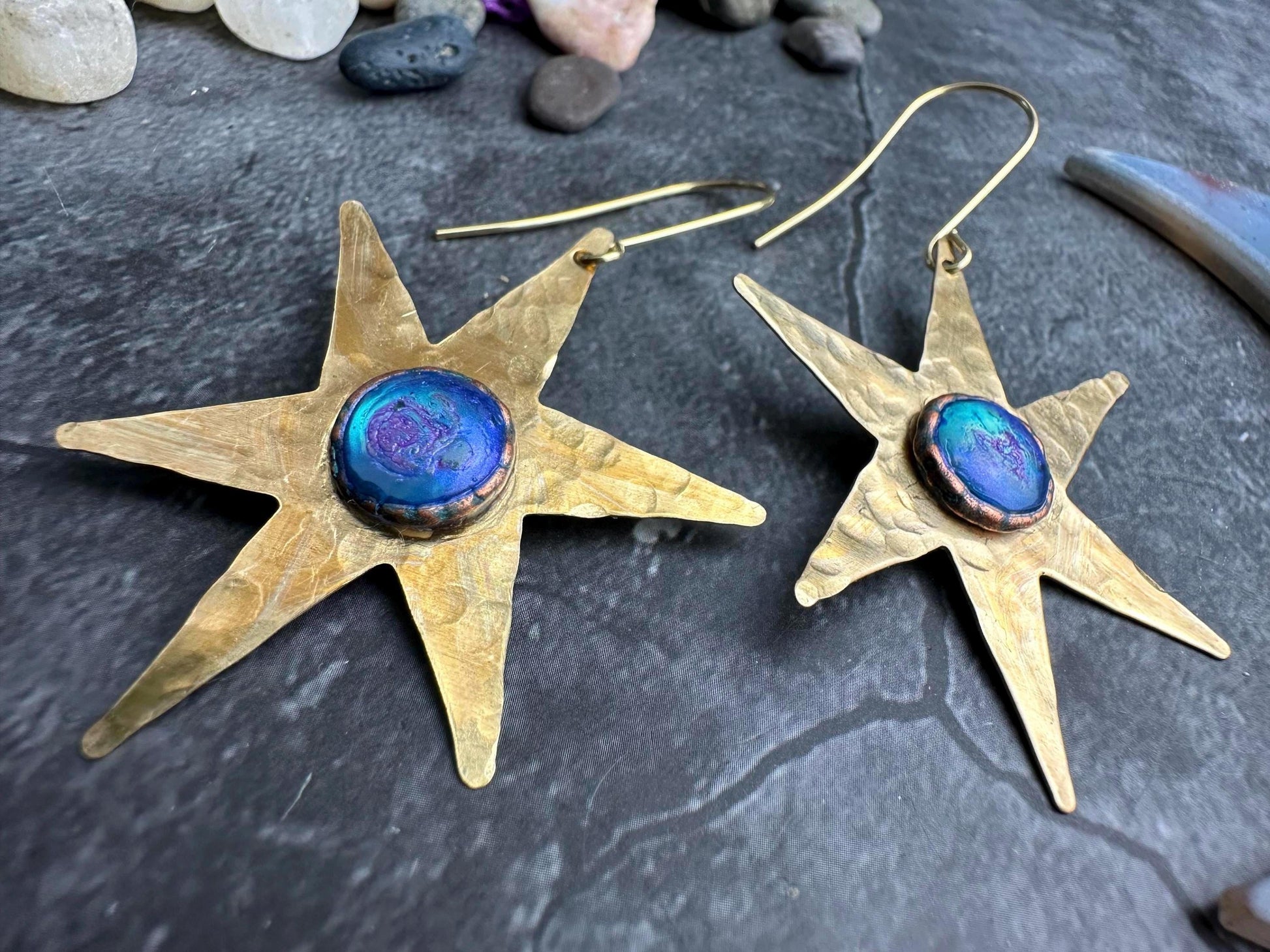 Celestial Star Earrings, Hammered Brass Dangle, Modern Cosmic Iridescent Resin Jewelry